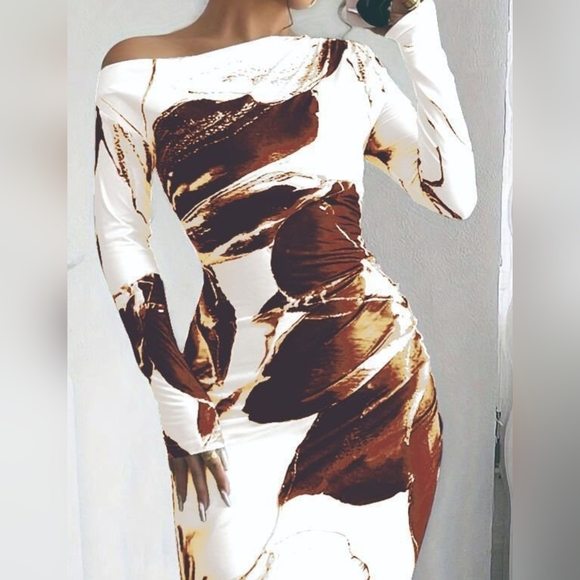 Harmony In Nature One-Shoulder White and Brown Marble Maxi Dress - Picture 2 of 5